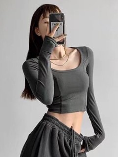 Jual [Premium] Square Neck Long Sleeve Crop Top T-Shirt 7305 (S/M/L ...