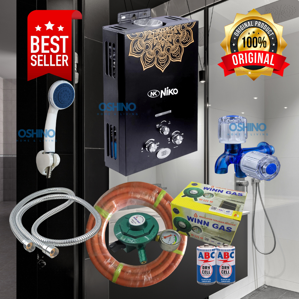 Jual [COD] Paket Water Heater Niko Hitam Lengkap Pemanas Air Gas