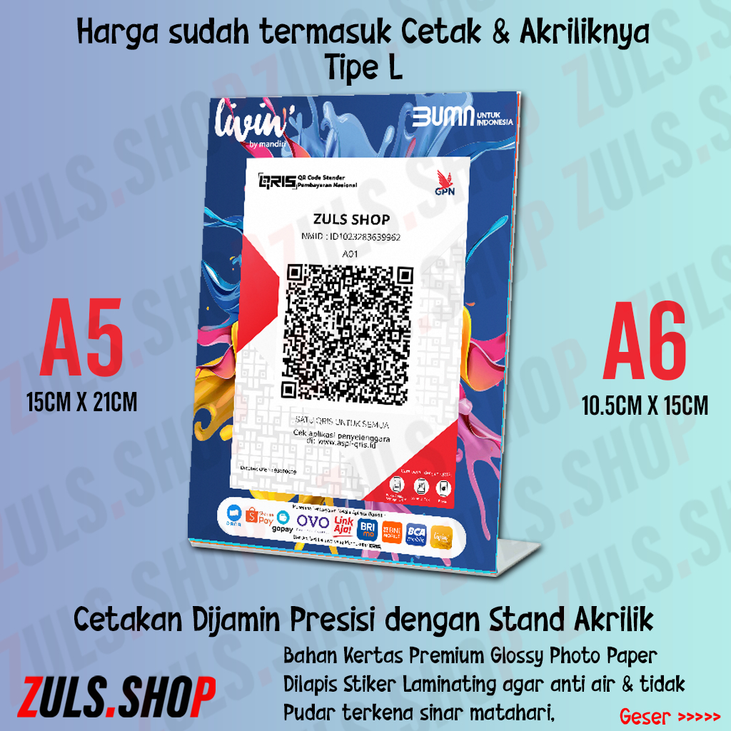 Jual Cetak QRIS Beserta Stand Akrilik A5 A6 / Print QRIS Ukuran A5 A6 ...