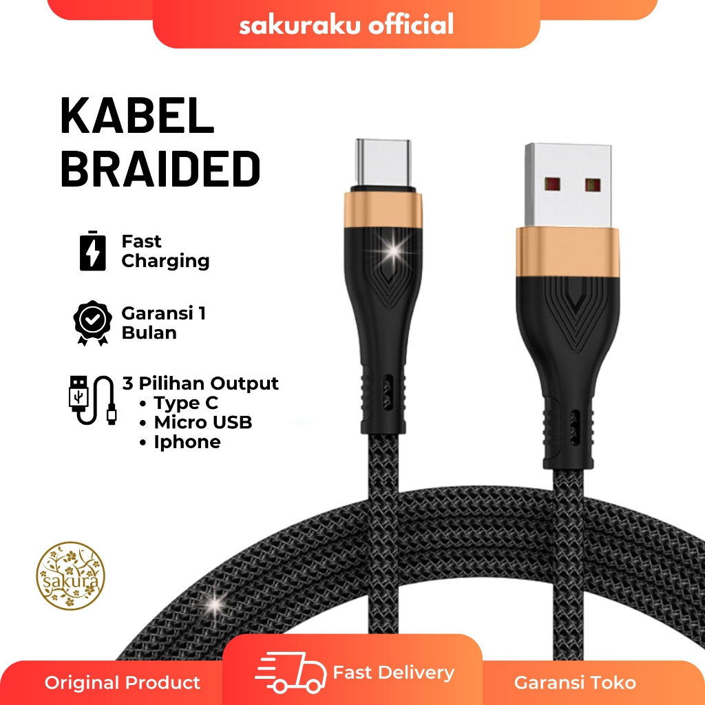 Jual 2 Meter Kabel Casan Braided Type C/Micro USB/IPhone Lightning ...