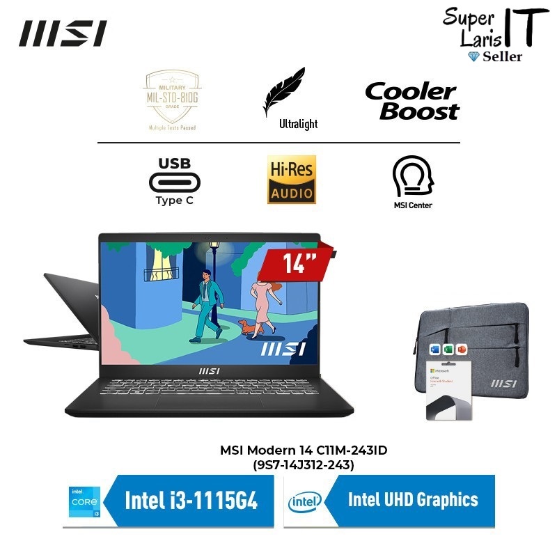 Jual MSI Modern 14 C11M-243 Core i3-1115G4 ram 8GB ssd 512GB 14