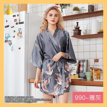 BD Kimono Panjang Dan Pendek Bahan Satin Premium Motif Flamingo Baju Tidur Pengantin BD08 09