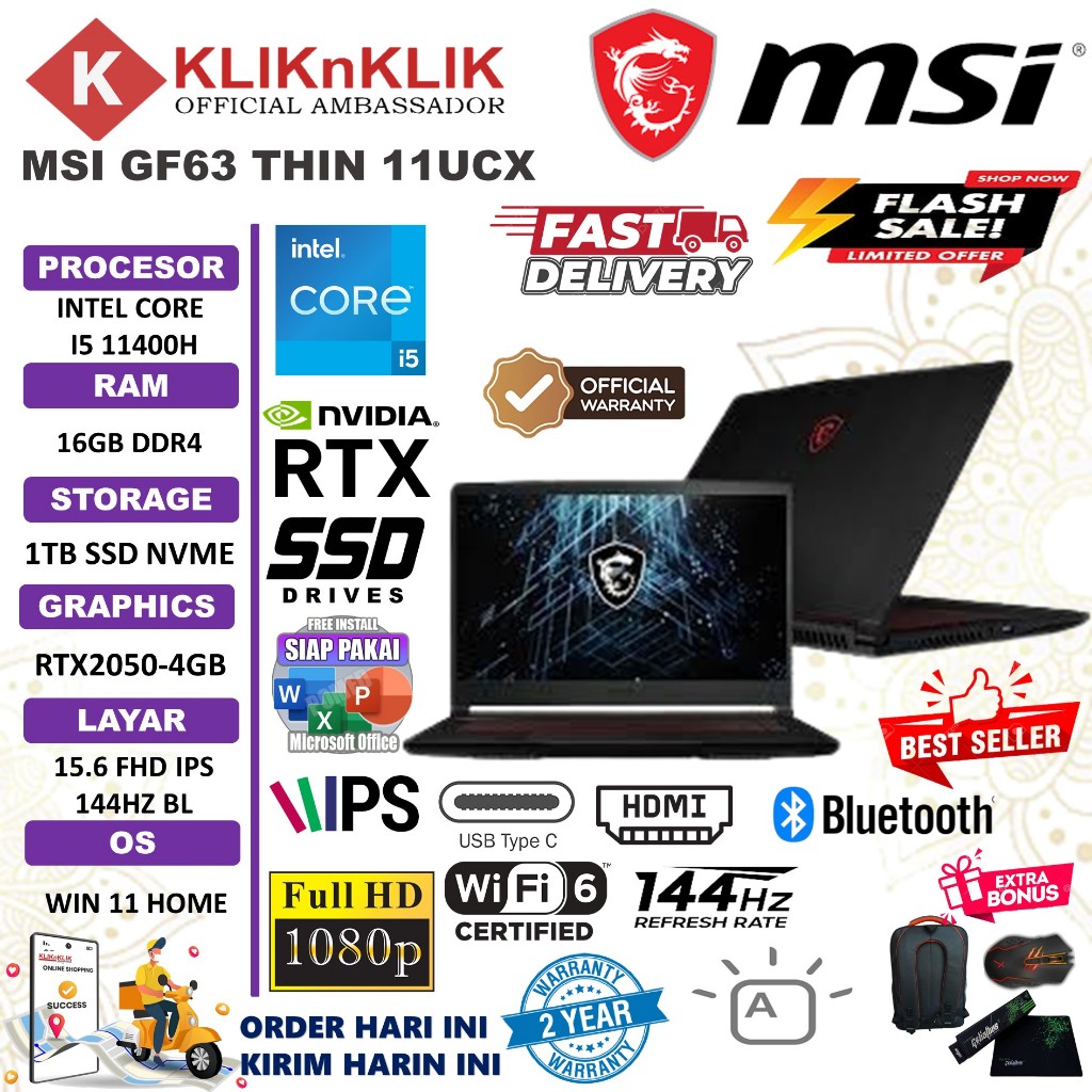 Jual Laptop Gaming MSI GF63 Thin 11UCX Intel I5 11400H 32GB 1TB SSD RTX2050 4GB FHD IPS 144HZ