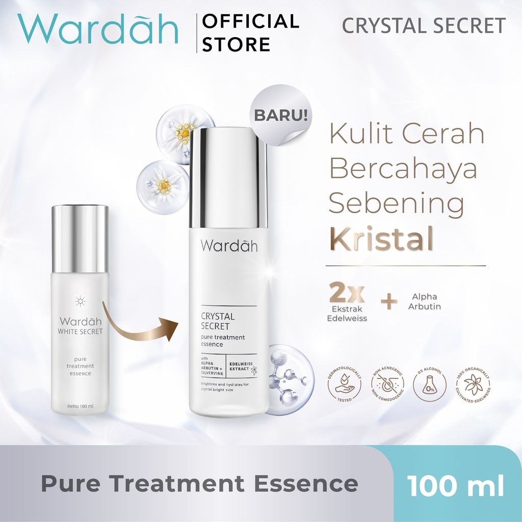 Wardah Crystal Secret Pure Treatment Essence - Essence dengan Ekstrak Edelweiss - Mencerahkan, Menghidrasi, dan Skin Booster - Untuk Semua Jenis Kulit