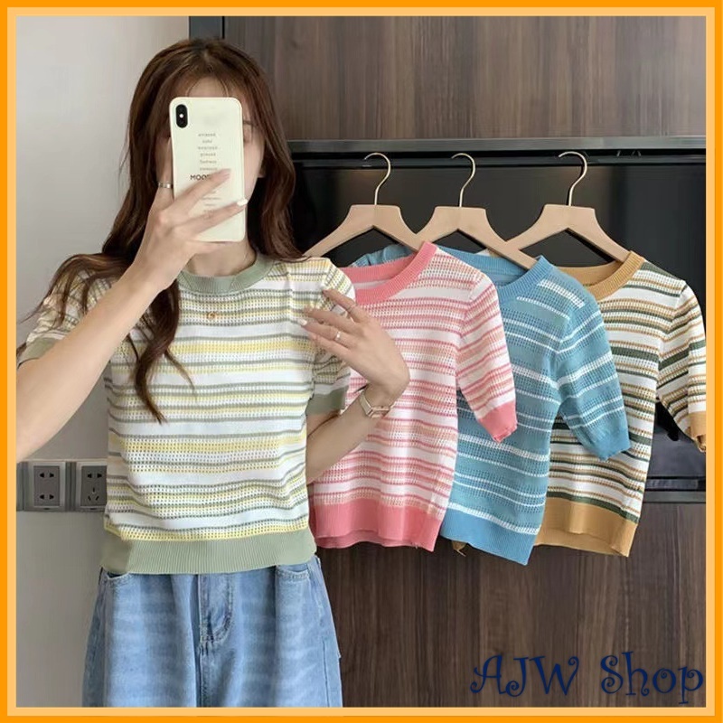 Jual Ajw Baju Crop Wanita Korea Rajut Import Salur Kekinian Hak Kaos