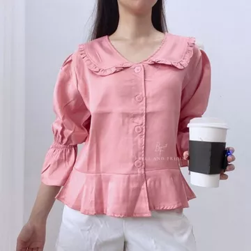 NA BI Top Korean Collar Blouse Puffy Sleeves Button Shirt Ruffle Blouse Balon Puff Sleeve 0288