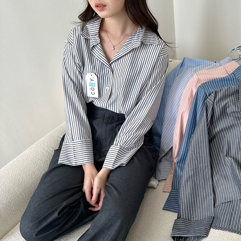 Jual Ziggy Top Stripe Shirt Kemeja Salur Garis Oversized Crop Shirt Atasan Wanita Lengan