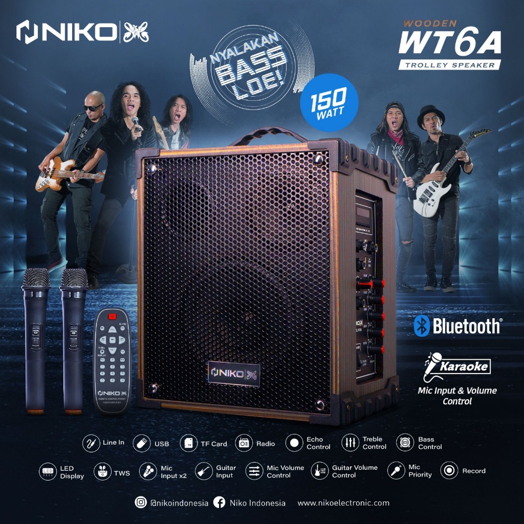 Jual SPEAKER PORTABLE SPEAKER AKTIF BLUETOOTH NIKO WT6A 8 Inch FREE