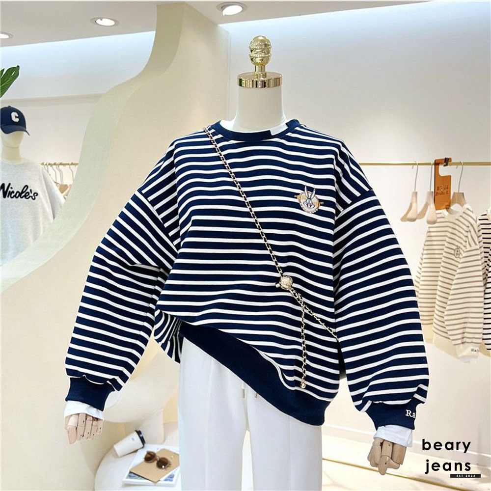 Jual BEARY JEANS BJ130 Stripe Sweater Loonely Loose Oversize Sweatshirt Women Simple