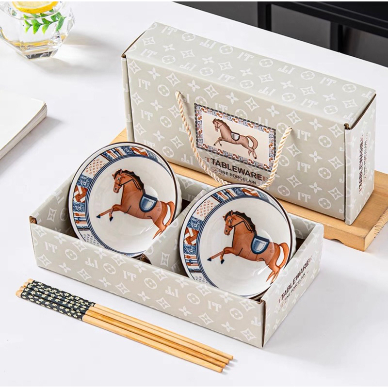 Hampers Imlek  /Horse Bowl Set/ Mangkuk Keramik Motif Kuda / Mangkuk Keramik Set / Hampers Lebaran Ramadan Idul Fitri Hadiah Souvenir