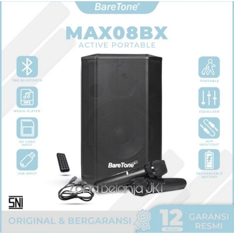 Jual SPEAKER AKTIF PORTABLE BARETONE MAX 08BX 8 INCH USB BLUETOOTH MIC
