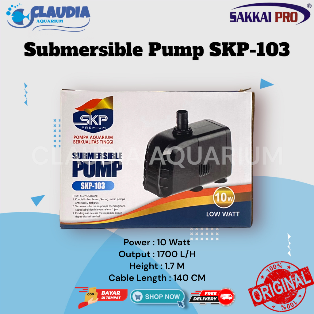 Pompa Submersible Pump Aquarium SAKKAI PRO PREMIUM SKP 103 10W Hidroponik Murah AA 103 1700L/h 1.7M