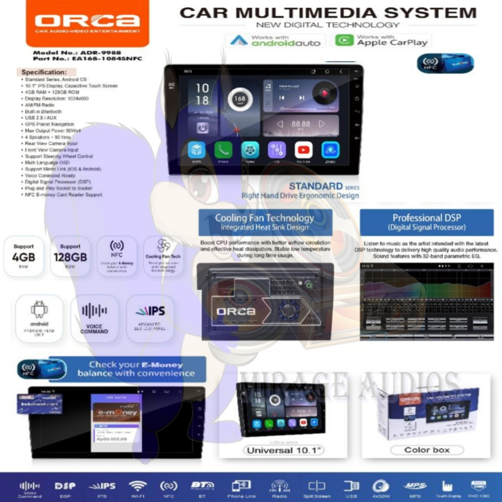 Jual Headunit Android ORCA Carplay ADR9988 DSP 9 Inch NFC COOLING FAN