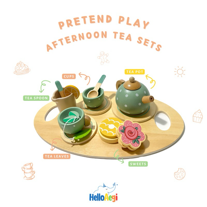 Jual Pretend Play Afternoon Tea Set Wooden Teapot Teatime Set Mainan ...