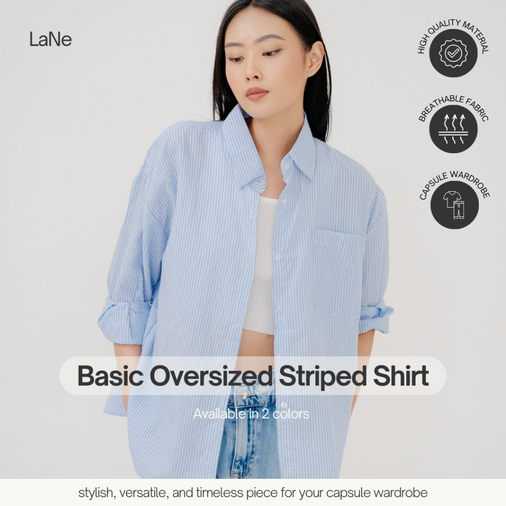 Jual LaNe - Basic Oversized Striped Shirt | Atasan Kemeja Wanita Salur ...