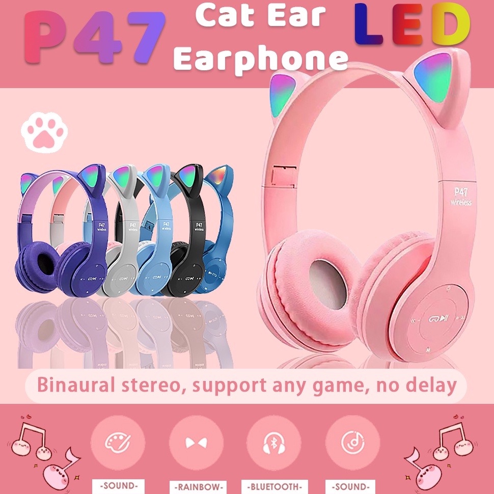 Jual rzv10 Headset bluetooth gaming kucing cat android led ada mic murah earphone wireless