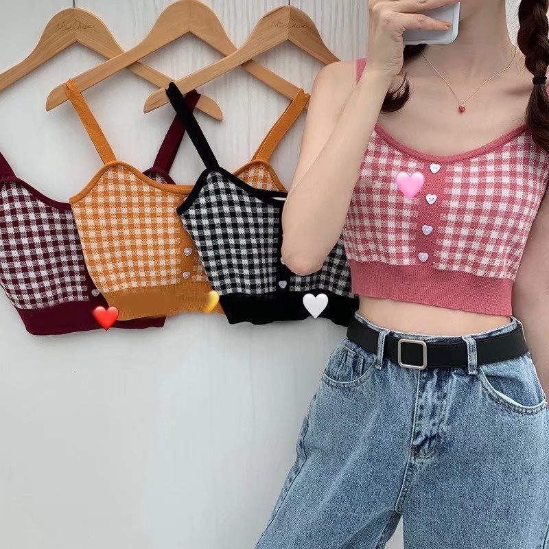 Jual MODELY - Tanktop Knit Crop Top Wanita Rajut Kamisol Tangtop Square ...