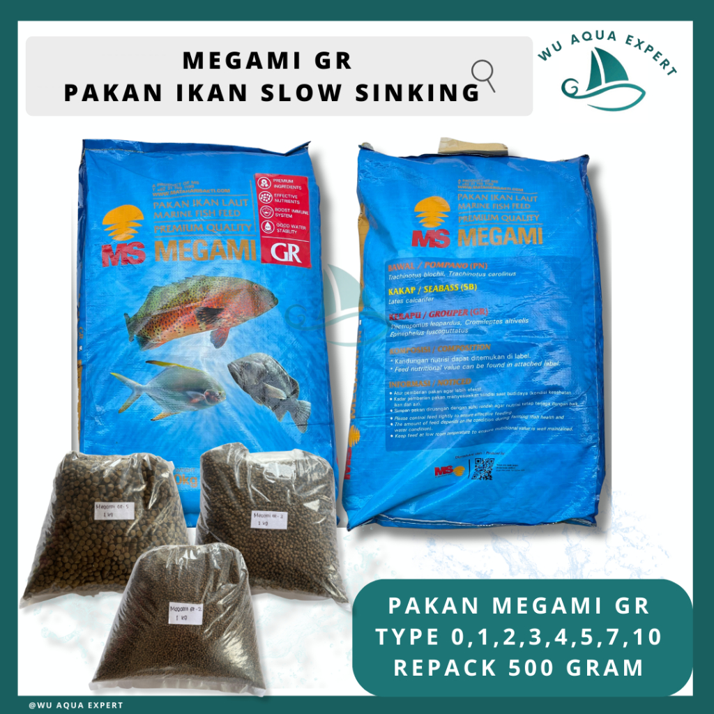 Jual MEGAMI GR PN SB Repack 500gram Pelet Pakan Ikan Bawal Bintang Kerapu Kakap Koi Hias