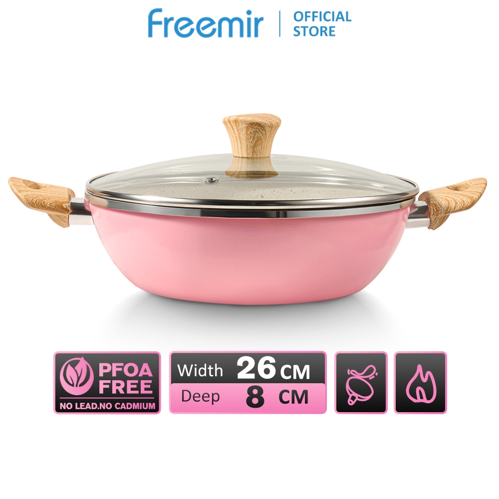 Jual New Freemir Wajan Pink Cm Wood Series Wajan Penggorengan Anti Lengket Dengan Tutup Kaca