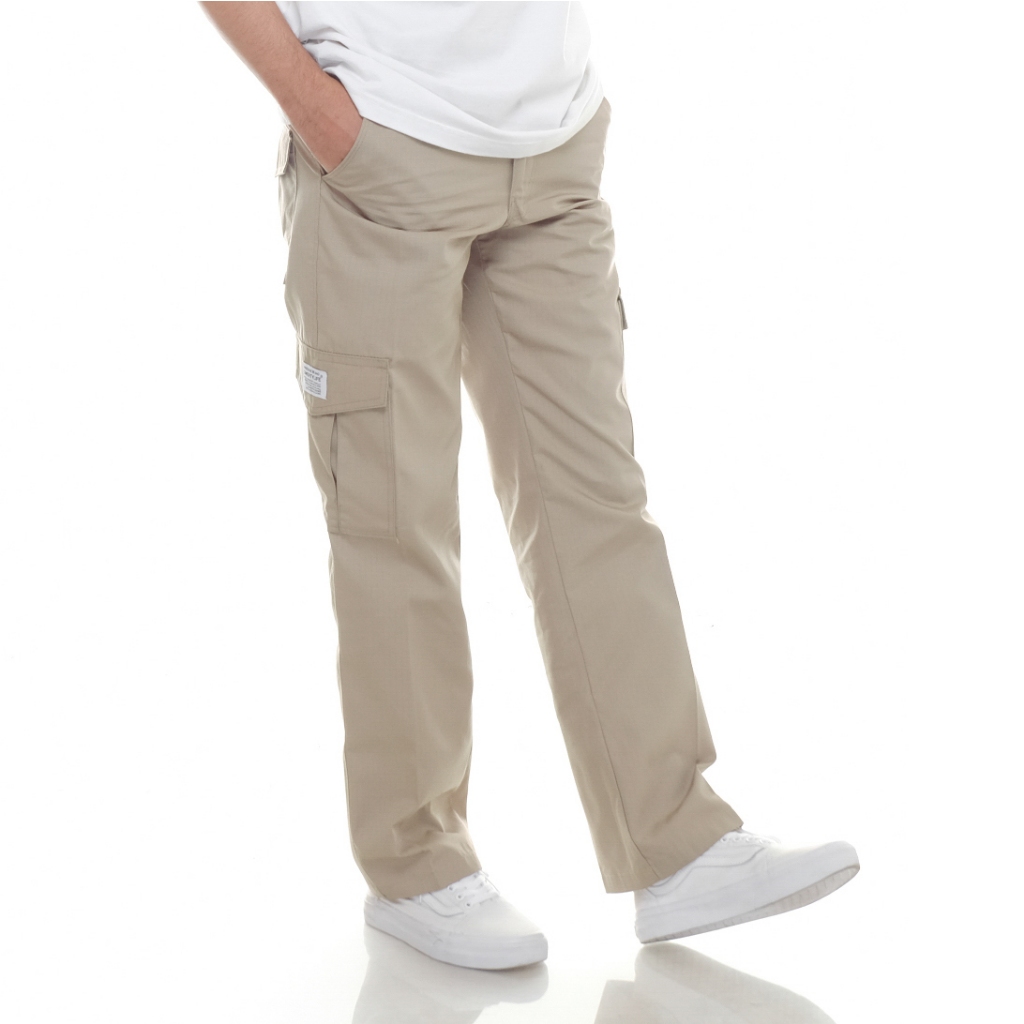 Qwertylife Long Cargo Reguler Loose Unisex - Cream Khaki