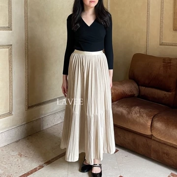 LAVEE Nami Skirt Rok Plisket Suede Panjang Rok Wanita Ruffle 2 Susun Long Pleated Maxi Skirt