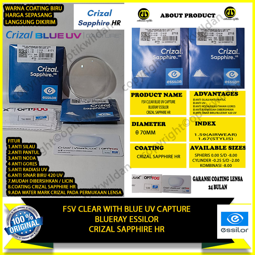 Jual ESSILOR CRIZAL SAPPHIRE HR FSV AIRWEAR ASPHERIS WITH