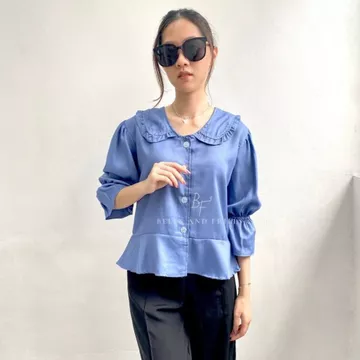 NA BI Top Korean Collar Blouse Puffy Sleeves Button Shirt Ruffle Blouse Balon Puff Sleeve 0288