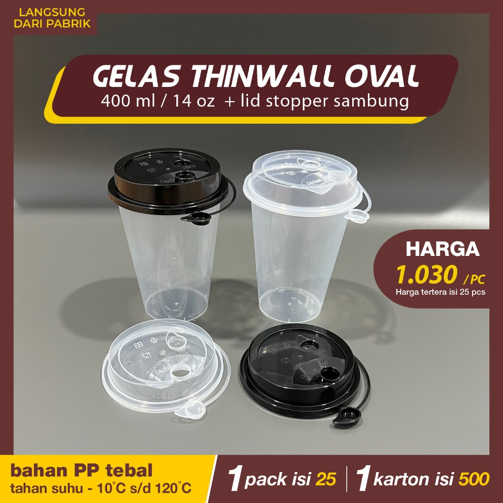 Jual Gelas Thinwall Oval 400 Ml 14 Oz Tutup Isi 25 Pcs Gelas Pp Inject 400 Ml Gelas Boba 7482