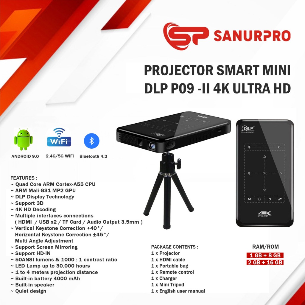 MINI VIDEO PROJECTEUR P09-II 4K ULTRA HD 16GB