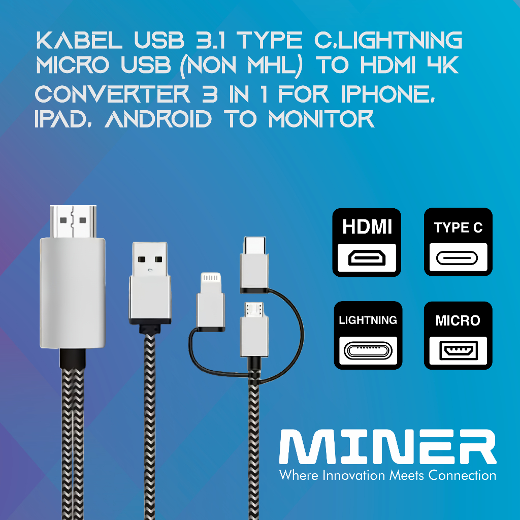 Kabel USB Type C, Lightning, Micro USB (Non MHL) to HDMI 4K 60Hz  Converter In for Iphone, Ipad, Android to Monitor