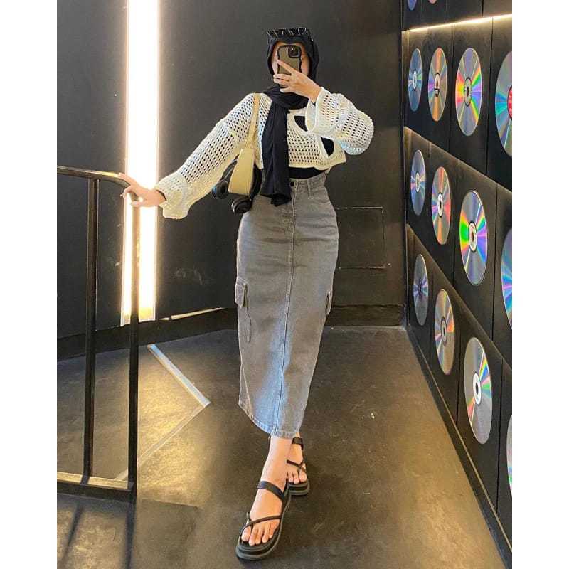 Rok Jeans Cargo Wanita Korean Style Tebal Allsize