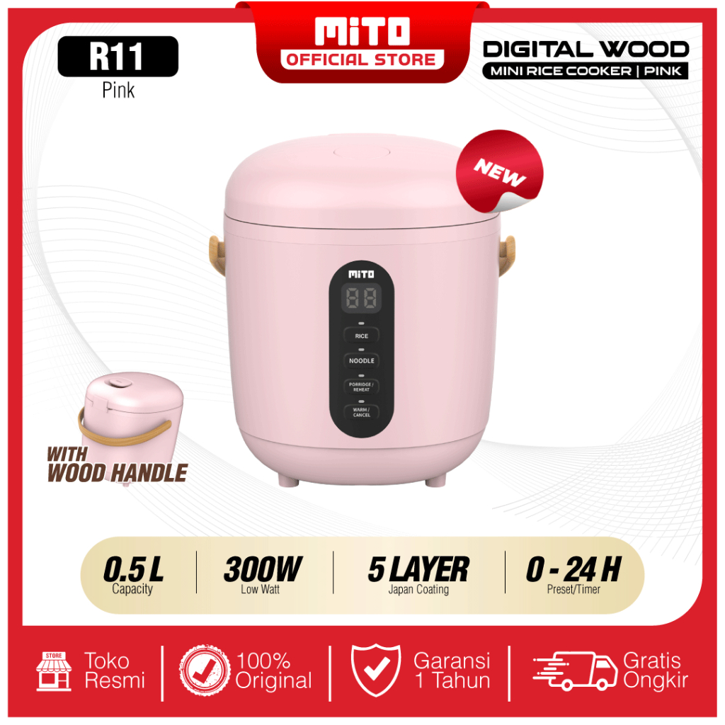 Jual MITO Mini Rice Cooker R11 0,5L Handle Kayu ORIGINAL Pink