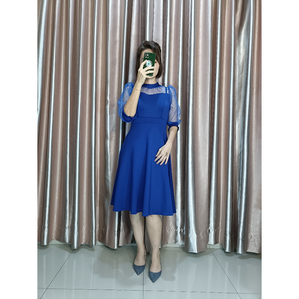 Jual Joanne Fashion Dress Midi Wanita Mewah Elegan Formal Lengan Puff Tile Bahan Scuba Premium
