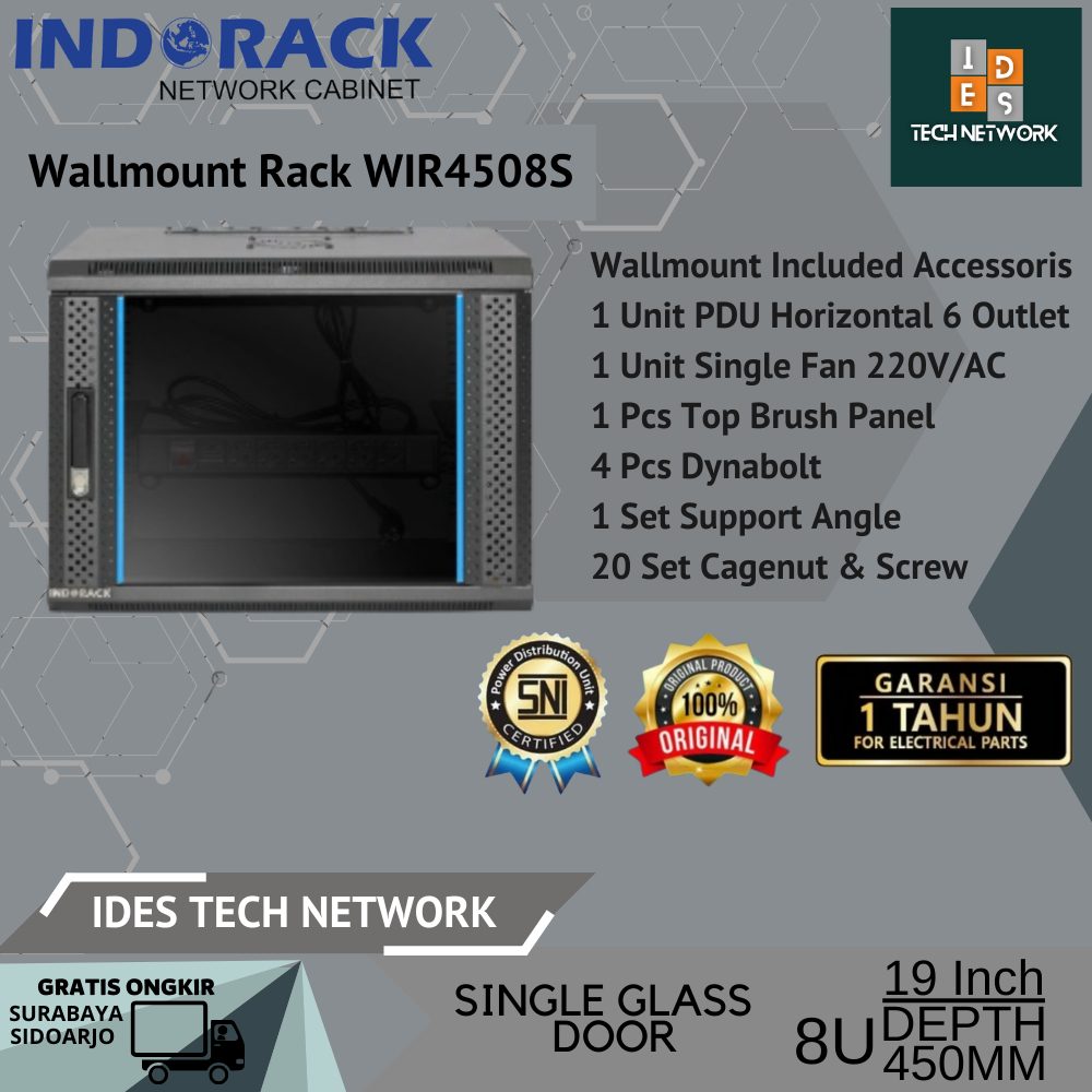 Jual Rack Server Indorack Wallmount Rack WIR4508S 8U Depth 450mm Single ...