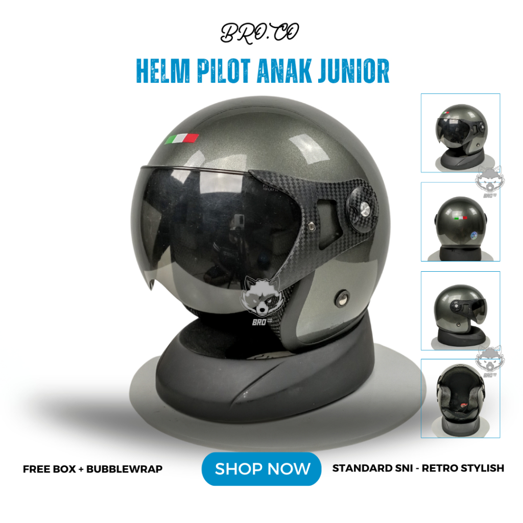 Jual HELM PILOT RETRO ITALY ANAK ANAK JUNIOR HALF FACE GREY ABU-ABU ...