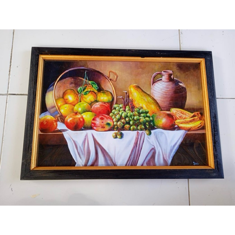 Jual Biasan Dinding lukisan Cetak Gambar Buah di atas meja plus bingkai
