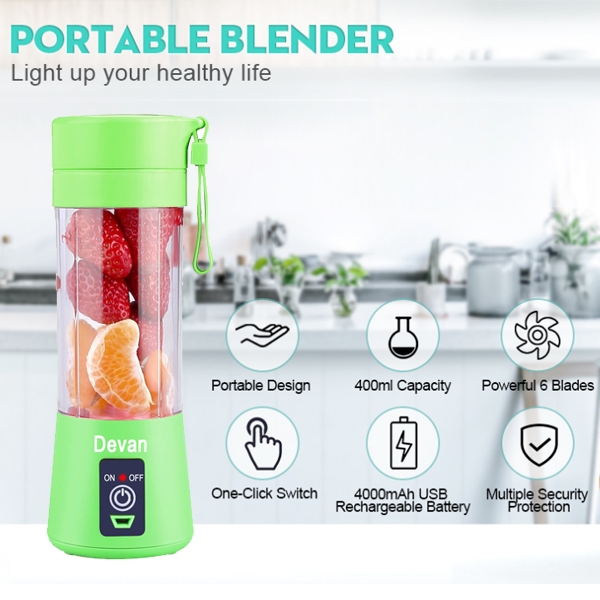 Devan 1.5L Portable Blender, Blue, USB Rechargeable, 6 Blades, Automatic  Cleaning