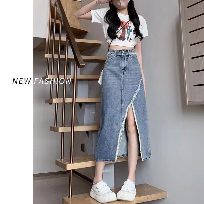 Jual Fashion wanita rok jeans panjang rok belah samping rok a line rok