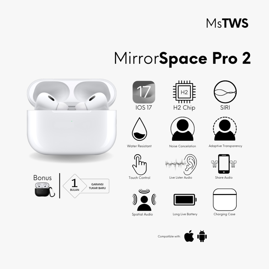 Jual MirrorSpace Pro 2 Wireless Charging Case TWS Bluetooth | Shopee ...