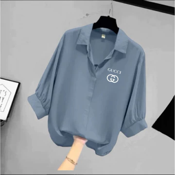 Blouse Wanita Leher V Logo Samping Kemeja Wanita V Korean Style Baju Wanita Lengan Balon 3 4
