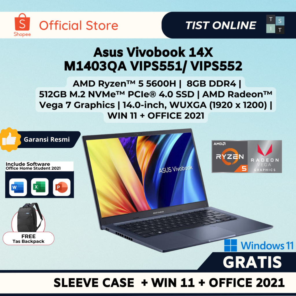 Jual Asus Vivobook 14x M1403qa Vips551 Vips552 Amd Ryzen 5 5600h 8gb 512gbssd 14 Win11 Office 1467