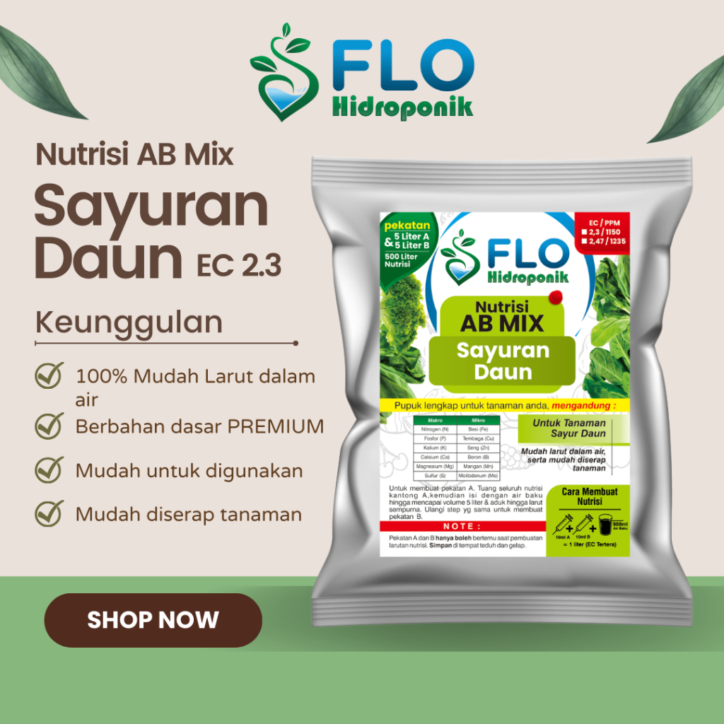 Nutrisi AB Mix Sayuran Daun 5 Liter 500 Liter Flo Hidroponik EC 2,3