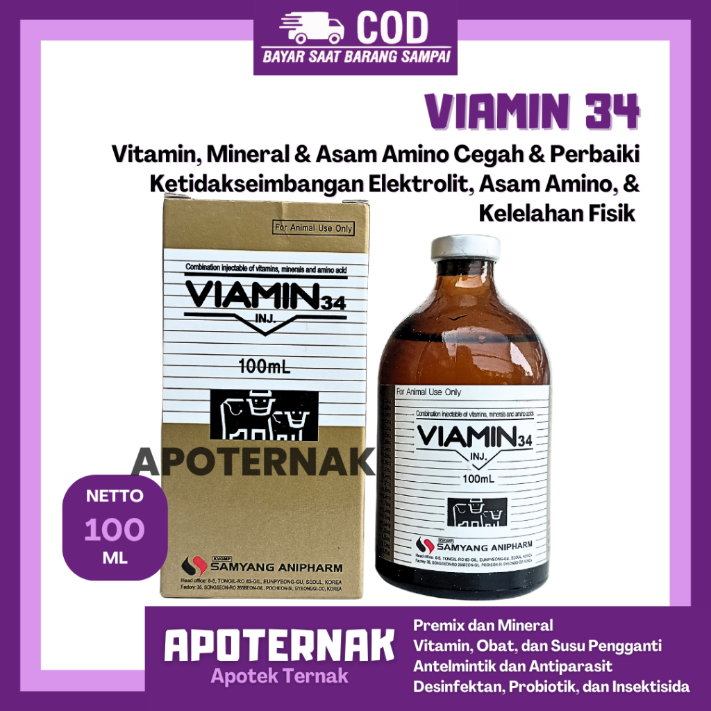 Jual VIAMIN 34 INJ 100ML - Vitamin Asam Amino Mineral Komplit Hewan ...
