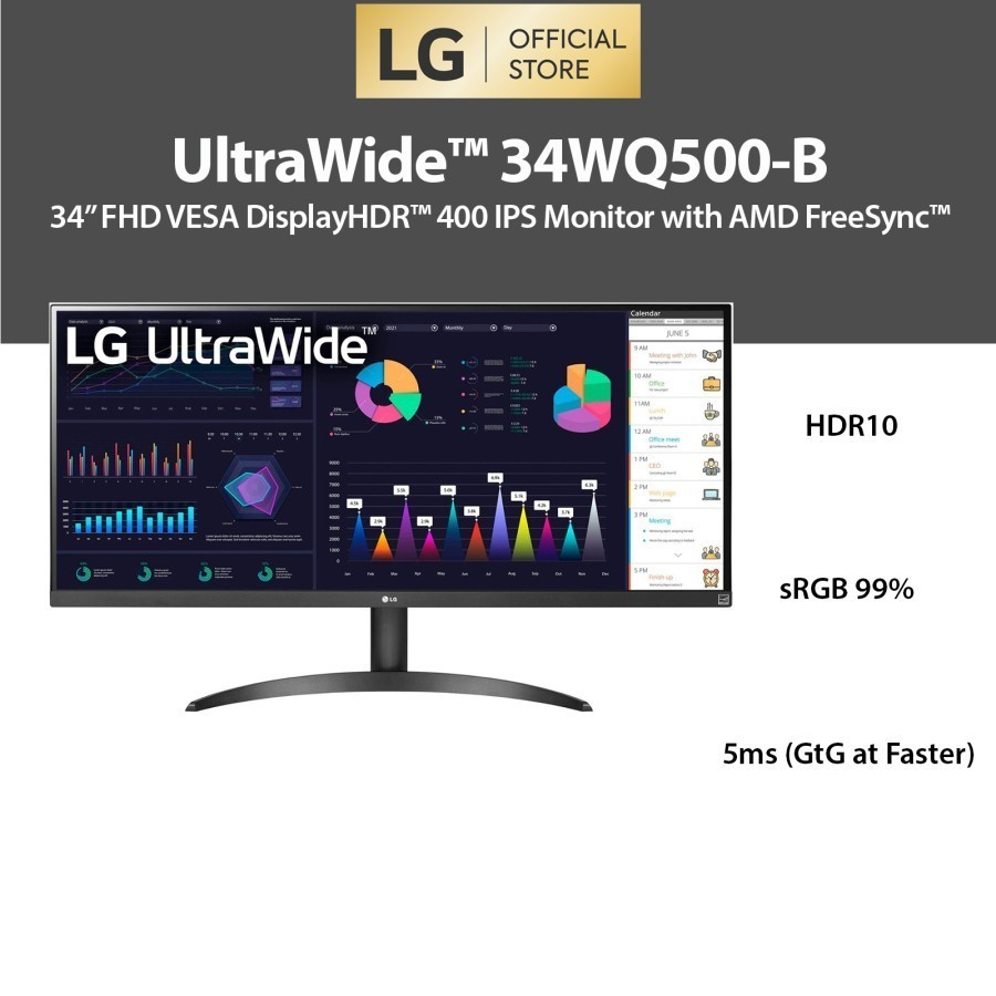 Jual Monitor LED LG 34" 34WQ500 B Ultrawide IPS 100Hz HDR400 FreeSync