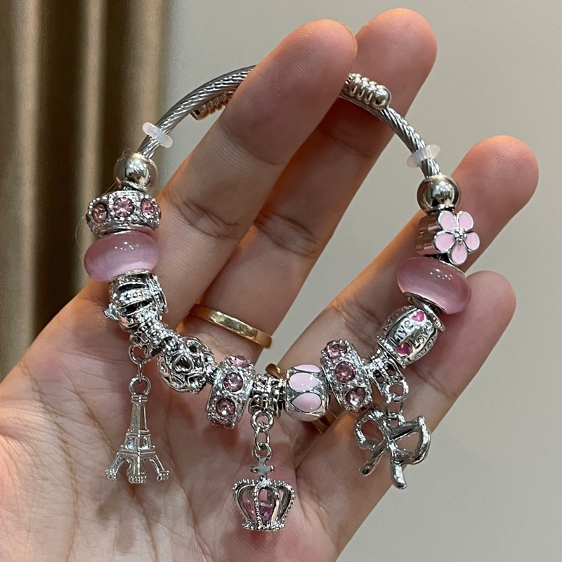 Gelang Pandordor Inspired Silver Pink