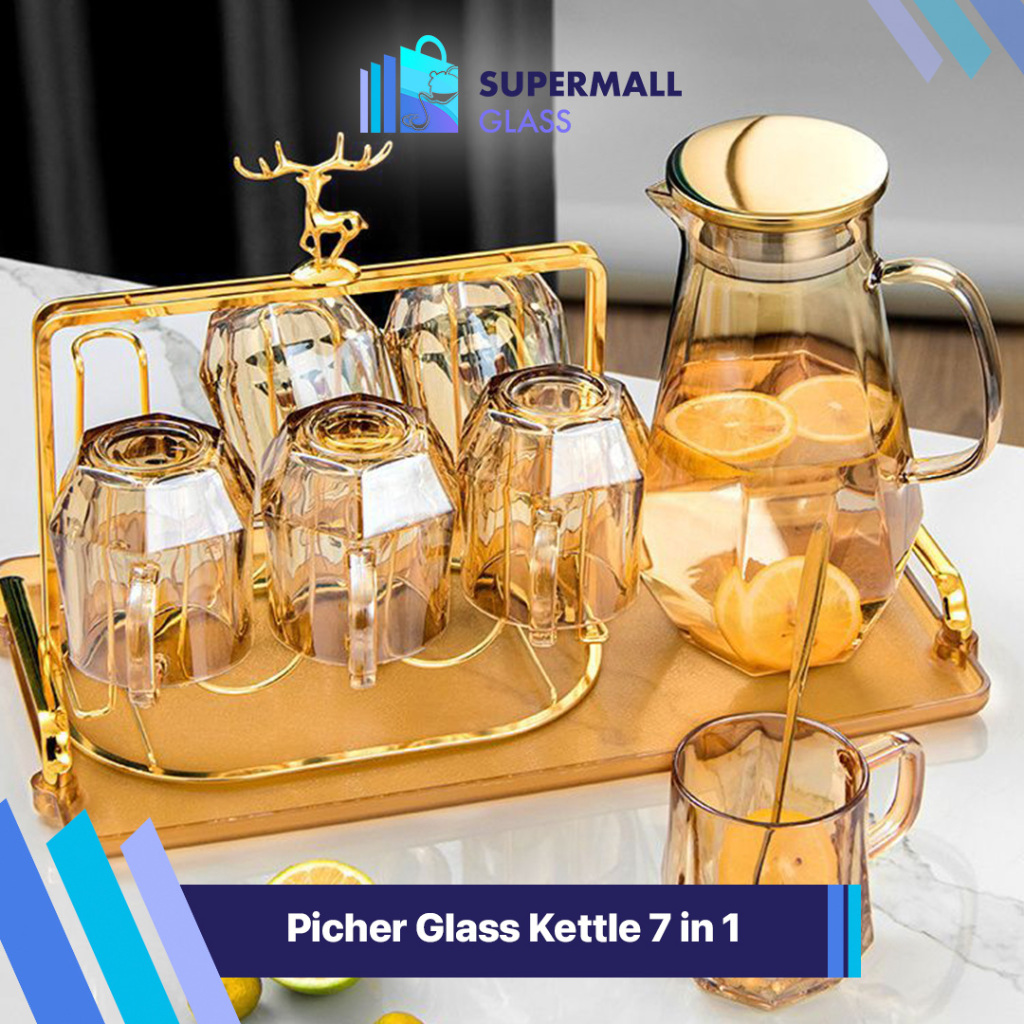 Jual Supermall Glass Cod Set Teko Air Kaca Jug Picher Glass Kettle Air Kaca 7in1 Teko Air Kaca 6599