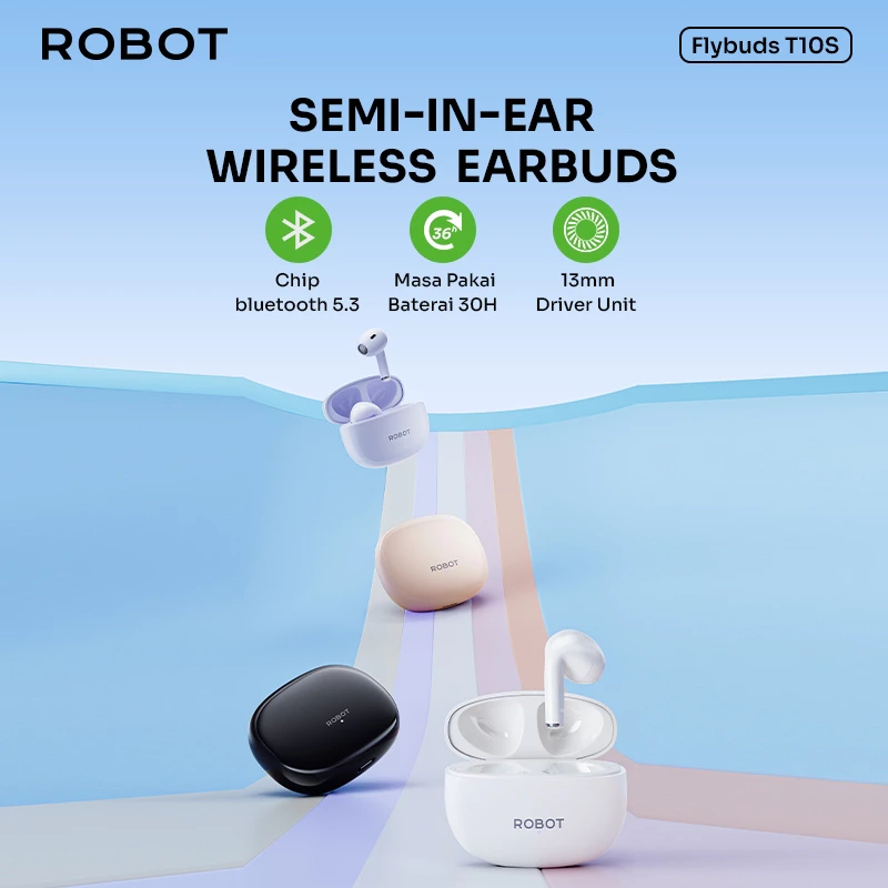 ROBOT TWS Flybuds T10S Semi In Ear Wireless Earbuds Bluetooth 5.3 IPX4 Waterproof Original - Garansi 1 Tahun