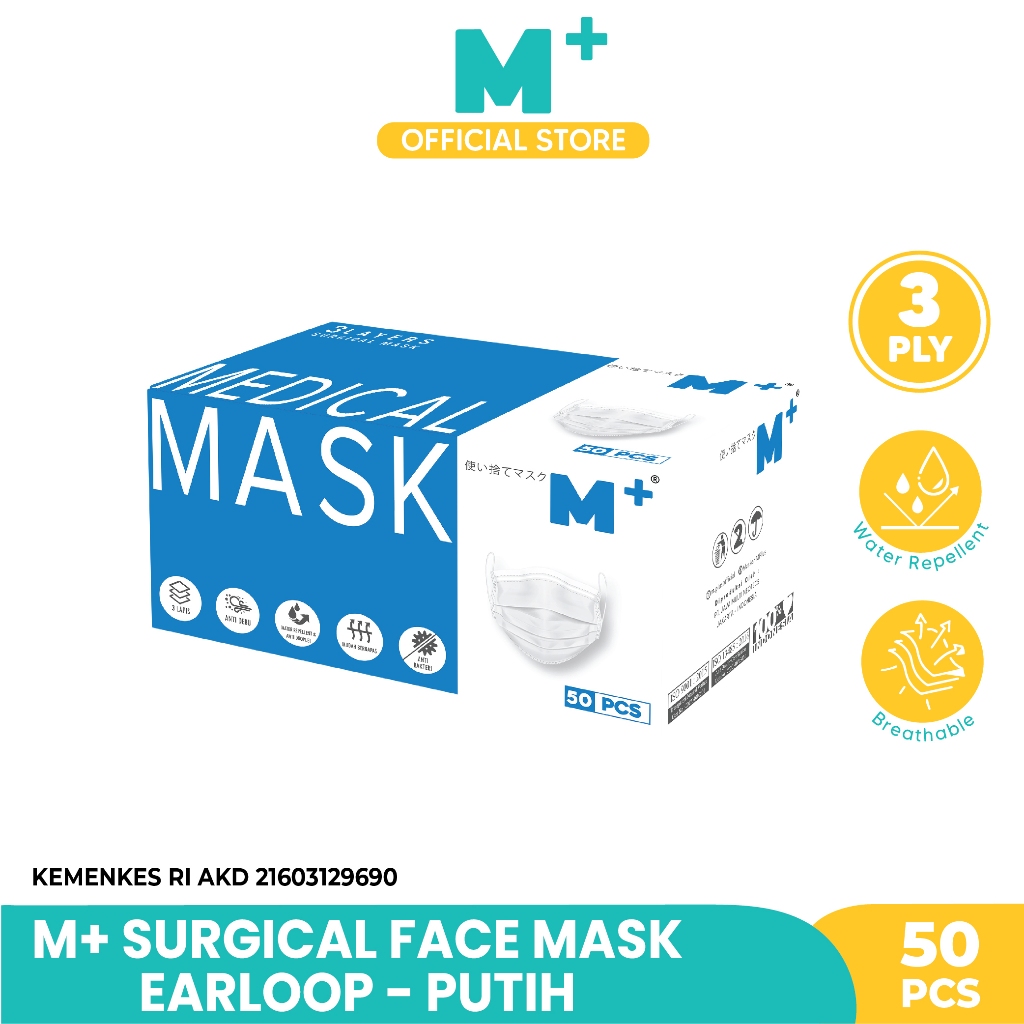 Jual Masker Medis Earloop M+ 3 Ply - Surgical Mask Isi 50 Pcs Putih ...