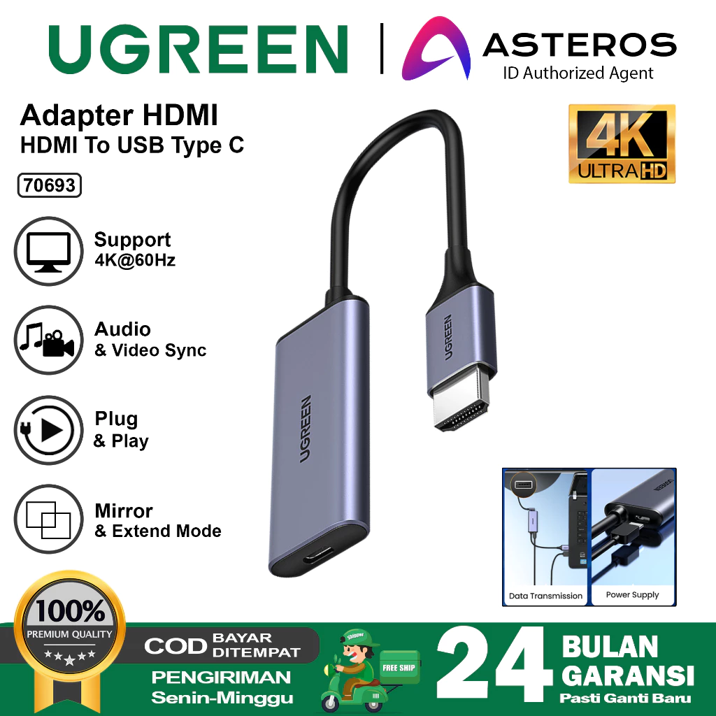 UGREEN Converter HDMI Male To USB Type-C Female Adapter 4K@60Hz 70693