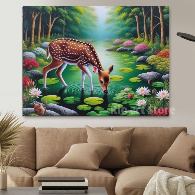 Jual Hiasan dinding poster lukisan ai rusa minum di telaga untuk ...